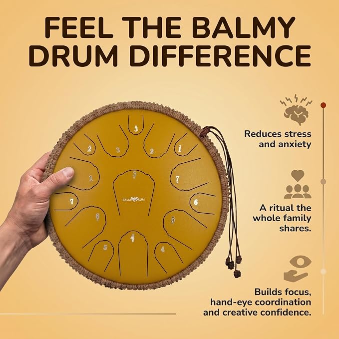 Balmy Drum Steel Tongue Drum 14 inch 15 Notes 440Hz, Handpan Drum with Music Book, Mallets, Carry Bag, Finger Picks, Rain Drum for Outdoor, Meditation Yoga Calming Instruments for Adults Kids (White)