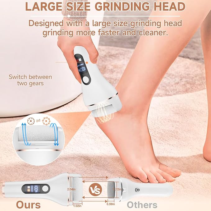 AdamPark Electric Foot File Callus Remover, Rechargeable Pedicure Tools Foot Care Kit, Portable Callus Remover Kit with 3 Roller Heads,2 Speed,Battery Display (White)