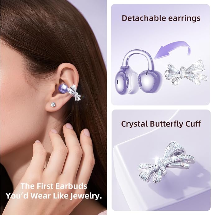Kinglucky Open-Ear Clip-On Earbuds with Jewelry Bow Earrings, Purple | Lightweight & Comfortable Fit, Fashionable Design for Women, Ideal for Work, Running, Daily Wear