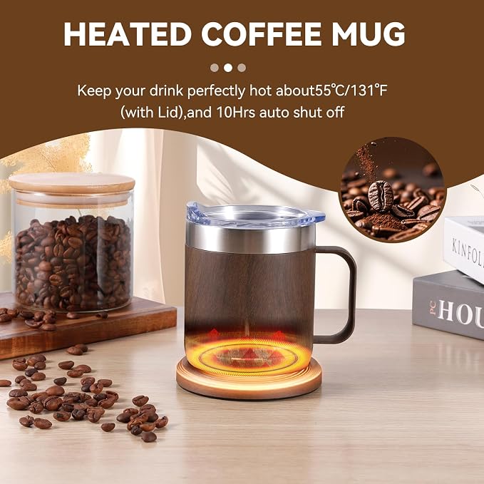 Gifts for Women Men, Heated Coffee Mug Up to 149°F, Ideal Gifts for Christmas, Birthday, Mother's Day, Father's Day or Any Occasion (12oz Wood)