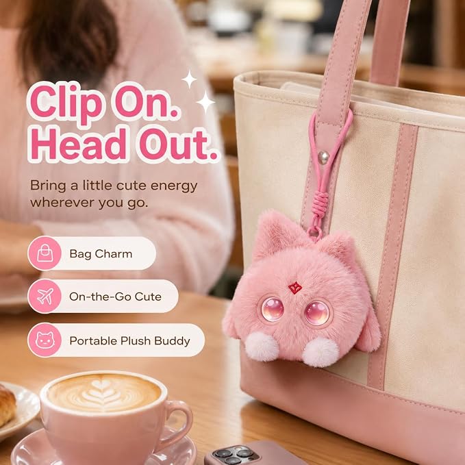 AI Plush Bag Charm, Interactive Voice Chat Companion Stuffed Animals with App-Connected, Expressive LED Eyes, Touch-Reactive Stuffed Toy, Cute Plush Keychain Gift for Teens and Plush Lovers