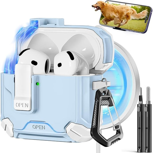 Pohgelan Compatible with AirPods 4 Case,Magnetic Automatic Lock with Phone Stand & Cleaning Kit,Compatible with Magsafe Cover -S-Blue
