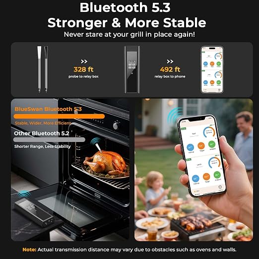 BlueSwan Bluetooth Meat Thermometer Digital, Food Thermometer Wireless 820 ft Range with 2 Color Probes with APP for Grill, Smoker, Oven, Magnetic Design for Cooking, BBQ, Birthday Gifts for Men Dad