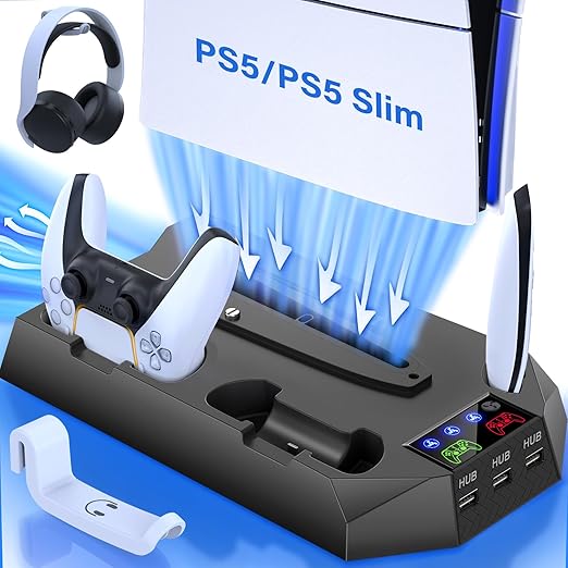 PS5 Slim Cooling Station with Controller Charging Station for PlayStation 5 Console Slim&Standard Disc/Digital, PS5 Cooling Stand Accessories with Cooler Fan/3 USB Hubs/Media&Headset Holder - Black