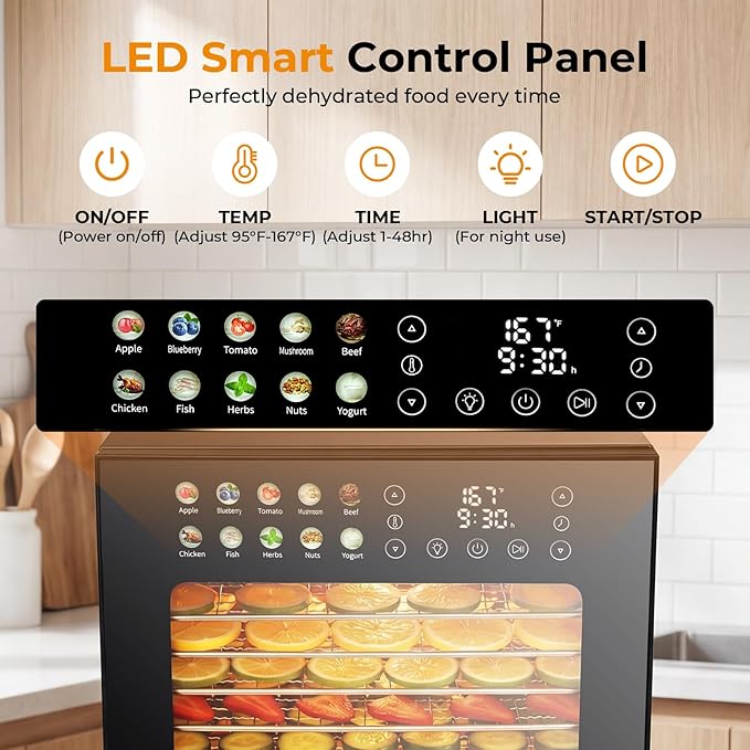 Homdox Food Dehydrator for Jerky & Fruit, 14 Stainless Steel Trays, 850W Food Dryer with 10 Presets, 48H Timer & 167°F Temperature Control, Dehydrator Machine for Herbs, Meat, Dog Treats