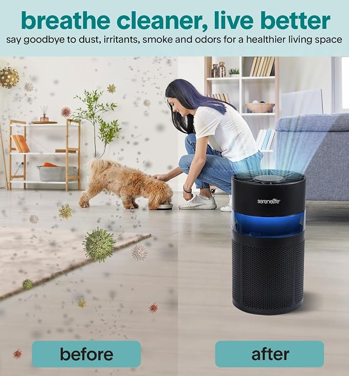 SereneLife HEPA Air Purifier for Home, Compact Quiet Air Purifier with Filter Replacement Alert, Touch Controls, Aroma Box, 2 Fan Speeds & Timer, Suitable for Bedroom or Office Use
