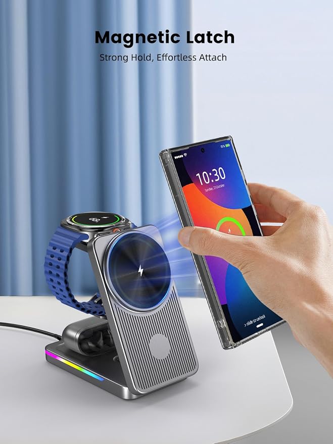 Magnetic Wireless Charger for Samsung Galaxy S26 Ultra, 3 in 1 Wireless Charging Station for Samsung Watch 8, Travel Foldable MagSafe Charger Stand for Android S25 Ultra/Z Fold/Z Flip 7, Buds 4 Pro