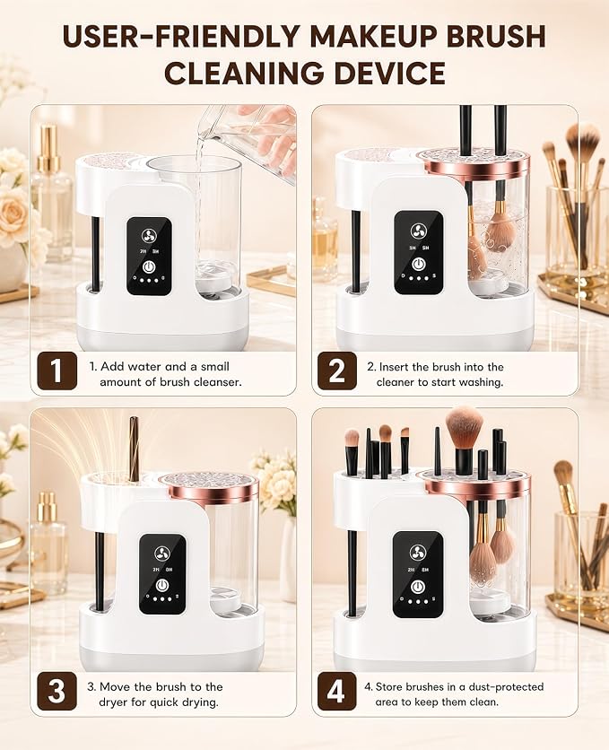 Electric Makeup Brush Cleaner Machine, 3-in-1 Cleaner Dryer and Storage, One-Touch USB Washer with 2H or 5H Drying Modes for Most Cosmetic Brushes