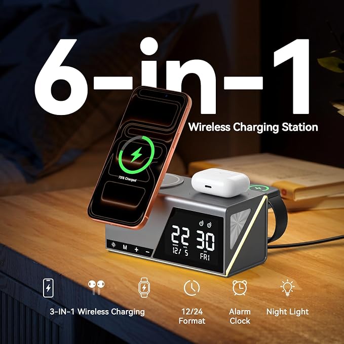 4URPC 6-in-1 Alarm Clock Wireless Charging Station for Apple Devices,MagSafe Charging Dock for iPhone 17/16/15/14/13 Series, Apple Watch, AirPods,Wireless Charger with Night Light/Alarm Clock