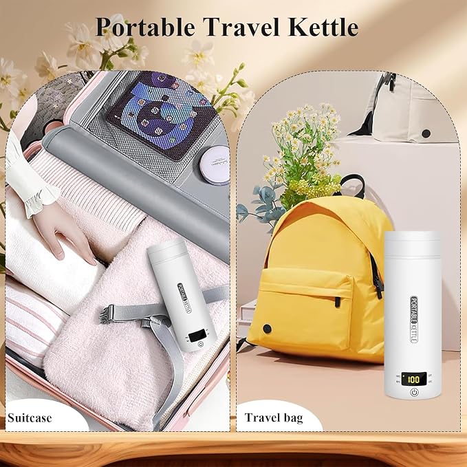 Electric Travel Kettle, Portable Tea Maker - 450ML Stainless Steel (White) with 4 Variable Presets