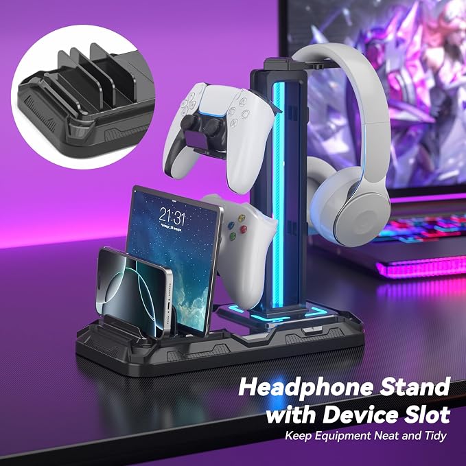 KDD Headset Controller Stand with USB A&C Charger Ports & RGB Rotatable Headphone Stand with 2 USB Charging Ports and 3.5mm