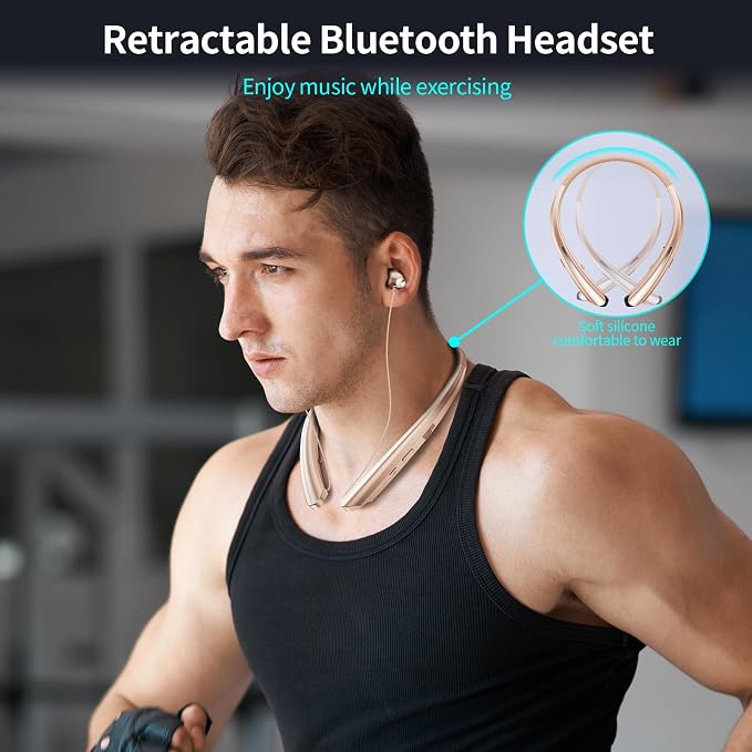 Neckband Bluetooth Headphones, Wireless Retractable Headset with Mic, IPX5 Sweatproof Earphones, Noise Cancelling Earbuds | 22H Playtime for Sports/Running/Driving (Rose Gold)