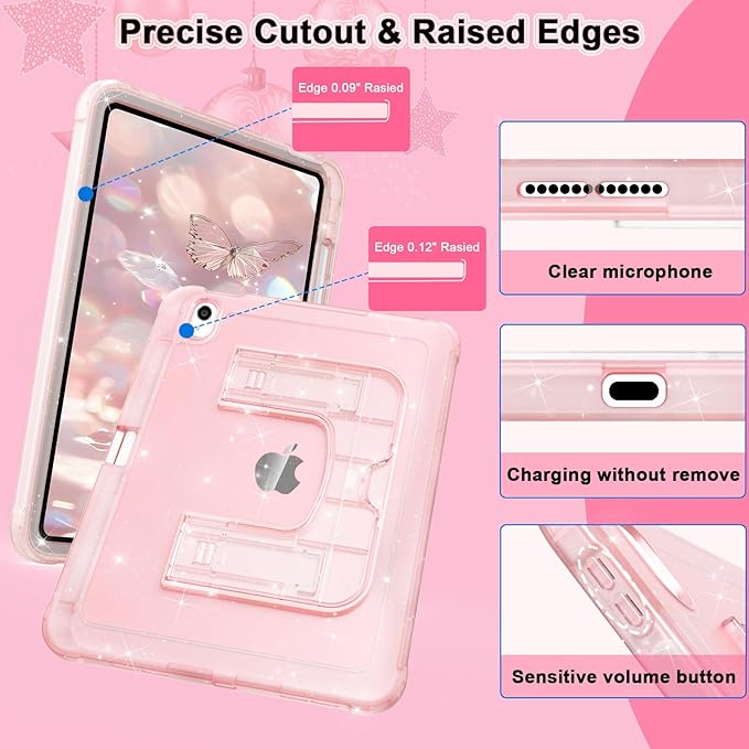 CCMAO Case for iPad (A16) 11th 11" 2025, iPad 10th Generation 2022 with Pencil Holder & Kickstand, Shockproof Protective Slim Thin iPad Case with Glitter Back Cover, Pink Glitter