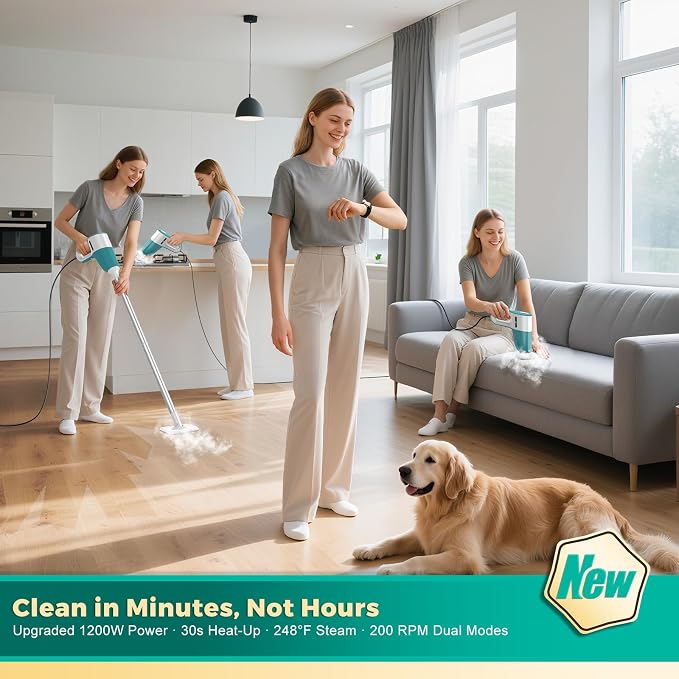Steam Cleaner with Electric Spin Brush, No Manual Scrubbing, 1200W 2-in-1 Steamer for Cleaning Tool, 2 Modes, 11 Accessories, Detachable Long Handle for Home, Floor, Tile, Grout, Bathroom (Green)