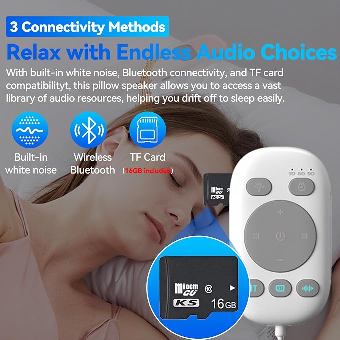 Pillow Speaker with Remote for Sleeping - Bone Conduction Speaker with 36 Built-in White Noise, Silent Bluetooth Speakers Under Pillow, Portable Sleep Bar (with TF Card, White)