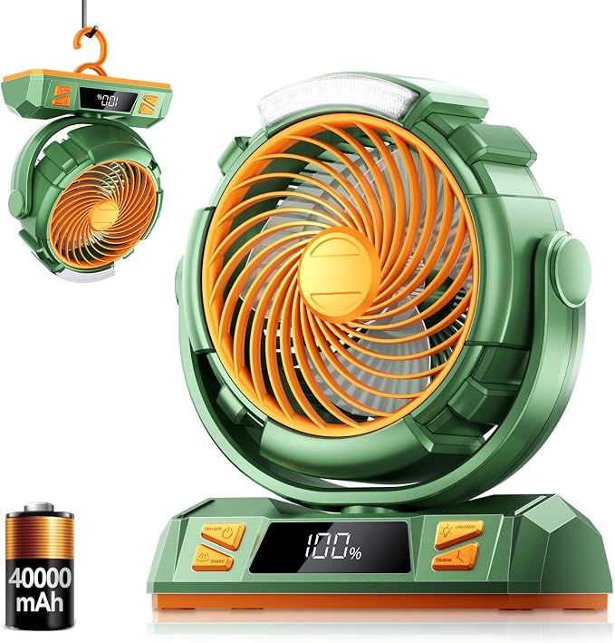 Camping LED Fan with Light, 40000mAh Rechargeable Battery Powered Outdoor Tent Fan with Light and Hook, 6 Speed, Personal USB Desk Fan for Camping, Fishing, Power Outage,Hurricane, Worksite