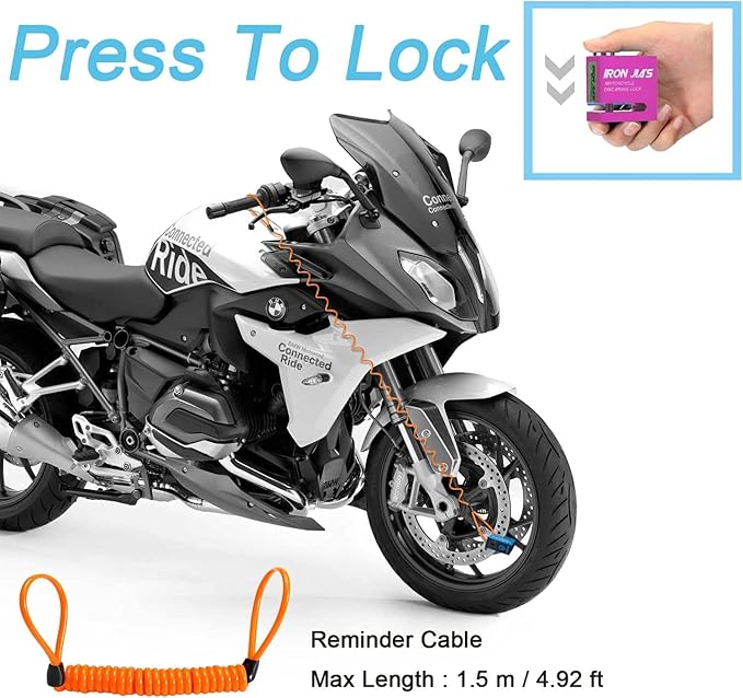 IRON JIA'S Motorcycle Disc Lock Anti-Theft Wheel Brake Lock Waterproof Alloy with Reminder Cable and 2 Keys, Alarm-Free for Motorbike, E-Scooter, Mountain Bike Pink