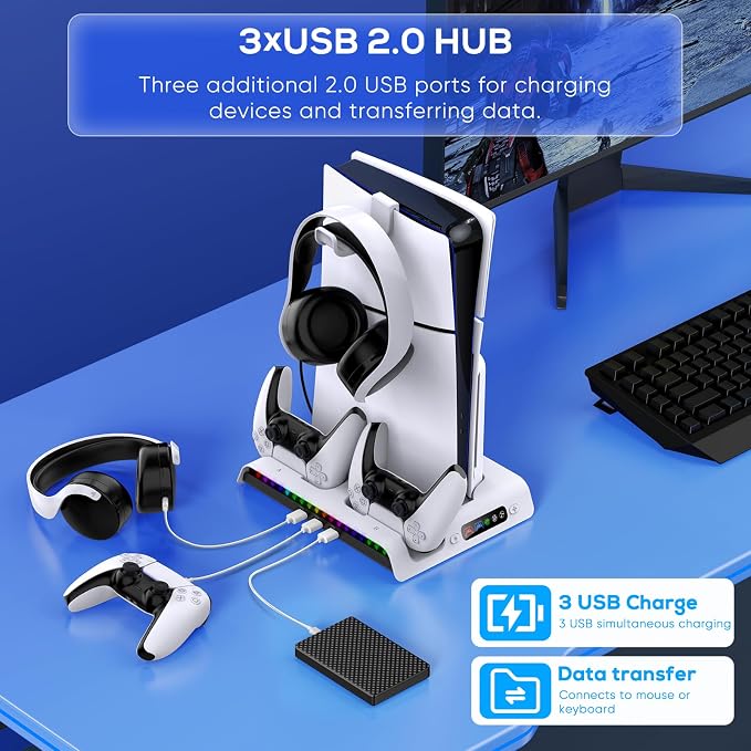 FASTSNAIL Charging Stand with Cooling Fan for PS5 Original/Slim/Pro, Dual Controller Charger Station with 9 RGB Lights, Headset Hook, 3 Cooler Fans and LED, Accessories Kit for PS5/Slim/Pro Console