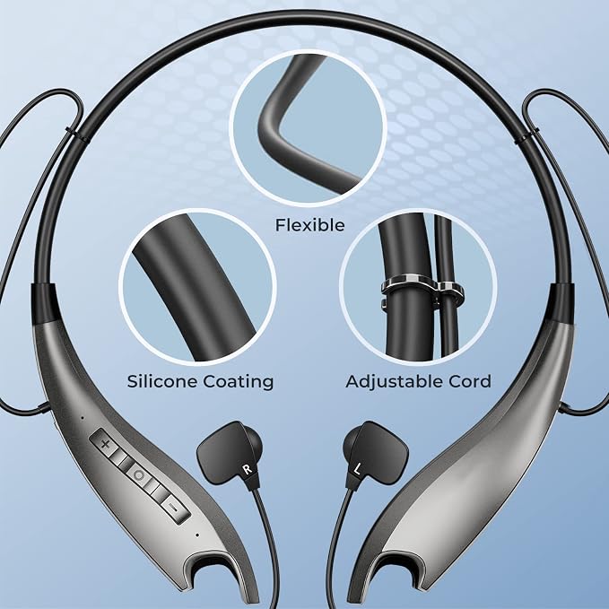 Neckband Bluetooth Headphones, Around The Neck Headphones 24H+ Playtime, Bluetooth Headsets with Call Vibration, Shark Jaw Design Wireless Earbuds+Noise Isolation/Mic/IPX7 Waterproof, Silver