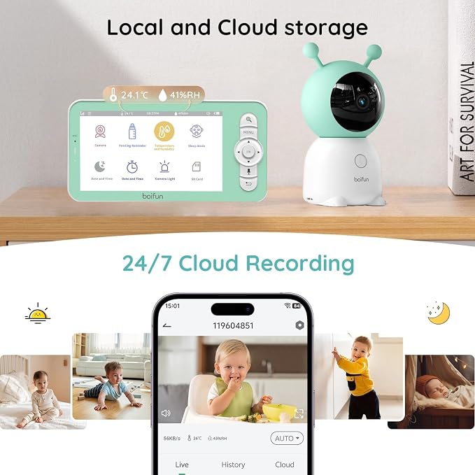 BOIFUN 2026 Upgraded 2K WiFi Baby Monitor with Camera and Audio, Smart Night Light, APP & 5" Split-Screen Control, Motion/Cries/Sound/Custom Alarm Zone Detect, Auto Tracking, Humidity Temp Detect