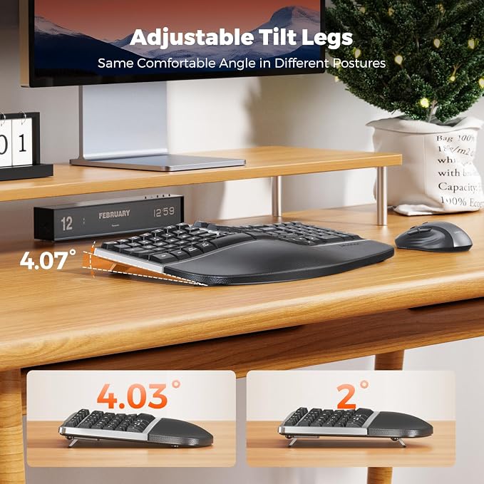 MEETION Ergonomic Keyboard and Mouse Wireless Combo, 2.4G Curved Compact Keyboard with Cushioned Palm Rest, 4 Level DPI Adjustable Wireless Mouse, for Windows/Mac/Desktop/PC/Laptop, Gray Black