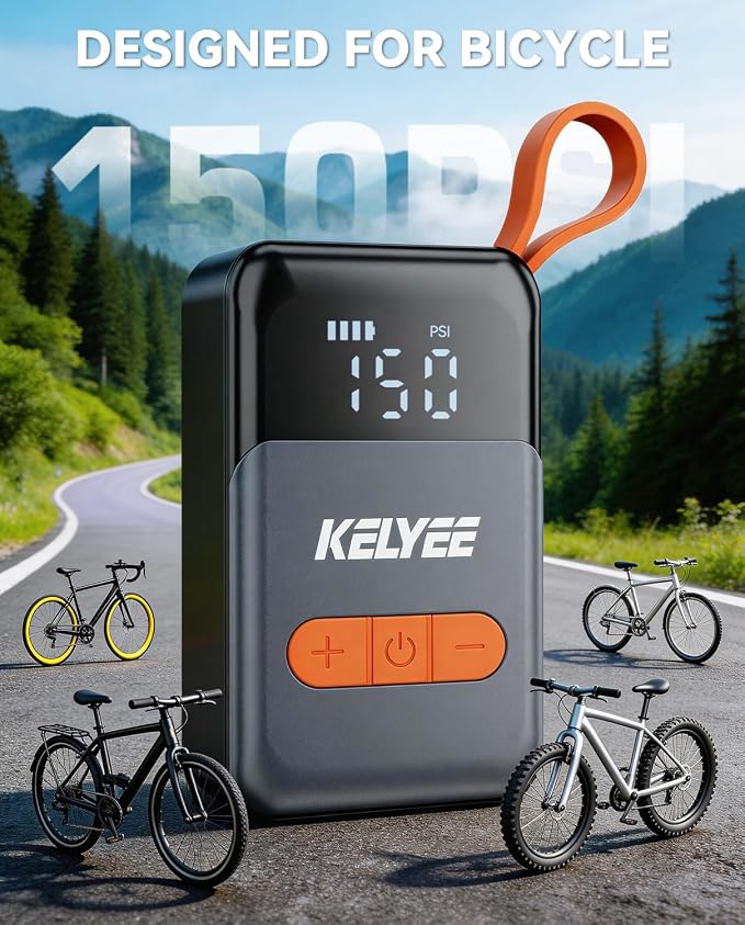 F05 Mini Electric Bike Pump 150 PSI, Portable Bicycle Tire Inflator with Presta & Schrader Valve, Fast Inflation Tiny Bike Pump for Road Bike & MTB