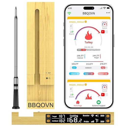 BBQOVN WiFi Sub-1G Wireless Meat Thermometer Unlimited Range, Check Temp Anywhere,7 NIST Certified Sensors with Ambient Temp, Monitor for BBQ, Grill, Oven, Smoker, Air Fryer (Harvest Bamboo)