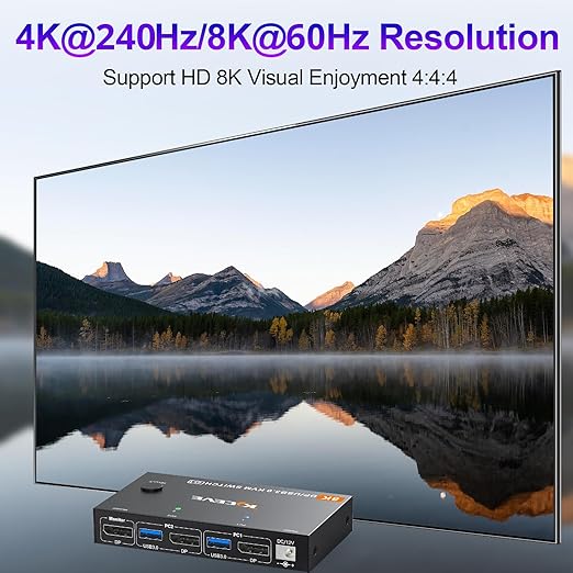 KCEVE KVM Switch 2 Computer 1 Monitor Displayport 4K@240Hz 8K@60Hz, USB 3.0 KVM Switch Displayport 2.1 for 2 PC Share 4 USB Devices Keyboard Mouse,Wired Remote(8K DP 2 in 1 Out KVM)