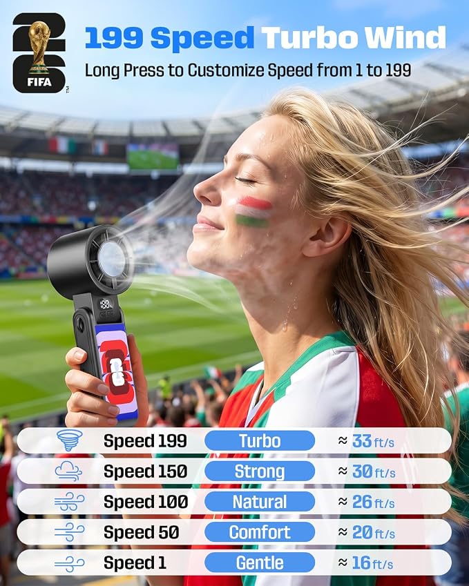 FIFA World Cup 2026 Portable Handheld Fan with Cooler, 1-199 Strong Wind Turbo Fan Rechargeable, 150° Adjustable, 13500RPM 3600mAh, Gift for Football Fanatic, Outdoor (Color) |Official Licensed