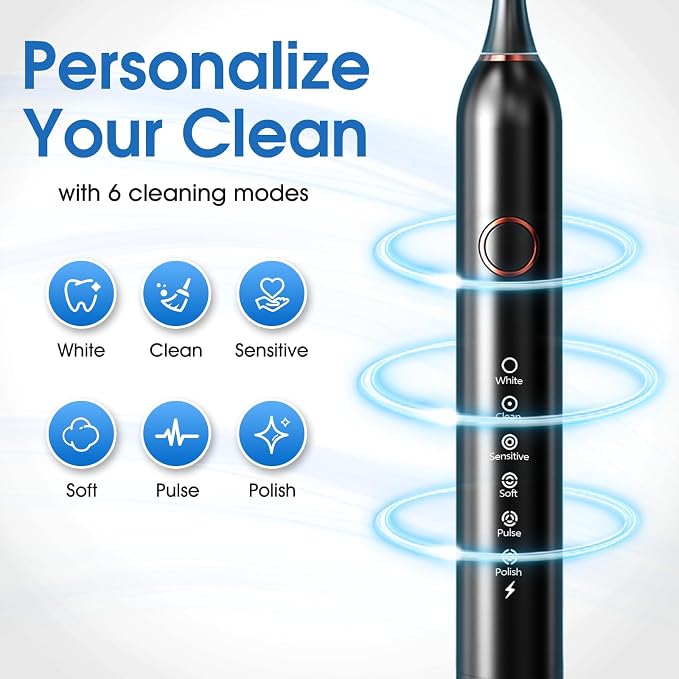 Electric Toothbrush, Sonic Type for Adults & Teens, 8 Brush Heads, Travel Case, 6 Modes, 40000 VPM Electric Motor, IPX7 Waterproof, 2 Minutes Timer, Wireless Charging, One Charge for 100 Days-Black