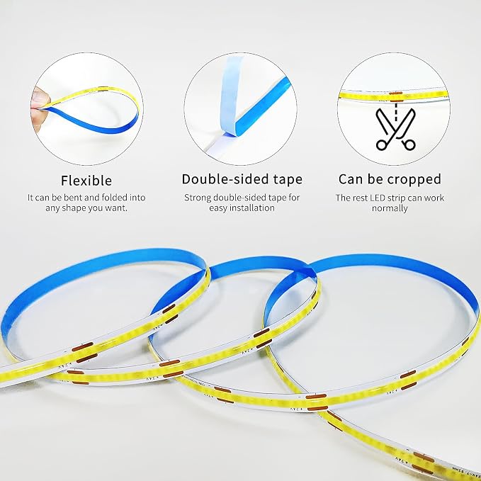 50FT COB LED Strip Lights 6000K White Dimmable DC 24V Flexible LED Tape Light for Bedroom, with Remote and app Control LED Light Strip,for DIY Home Decoration