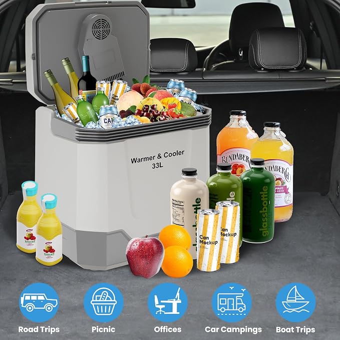 Garvee 35 Quart (33 l) Electric Cooler & Warmer, Portable Car Refrigerator with Automatic Locking Handle, 12V Car Cooler for Vehicle & Trucks, 110V AC Home Power Cord, Plug in Coolers, Grey