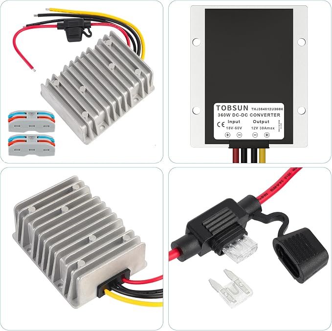 BZONE 24V 36V 48V to 12V 30A 360W Converter Step Down Voltage Reducer with Fuse & Connectors DC to DC Buck Converter 12V Golf Cart Voltage Regulator Waterproof Transformer for Golf Cart