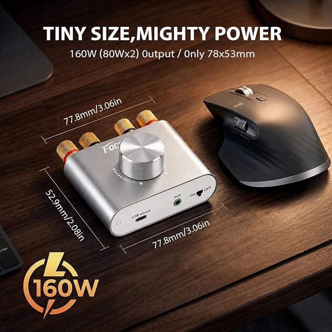 Facmogu F900S 160W Bluetooth 5.0 Mini Amplifier, 80Wx2 2.0CH Audio Power Amplifier, Hi-Fi Stereo Sound Digital Amp Wireless Speaker Amp Receiver w/AUX/USB/BT Input & 12V 5A Power Adapter - Silver