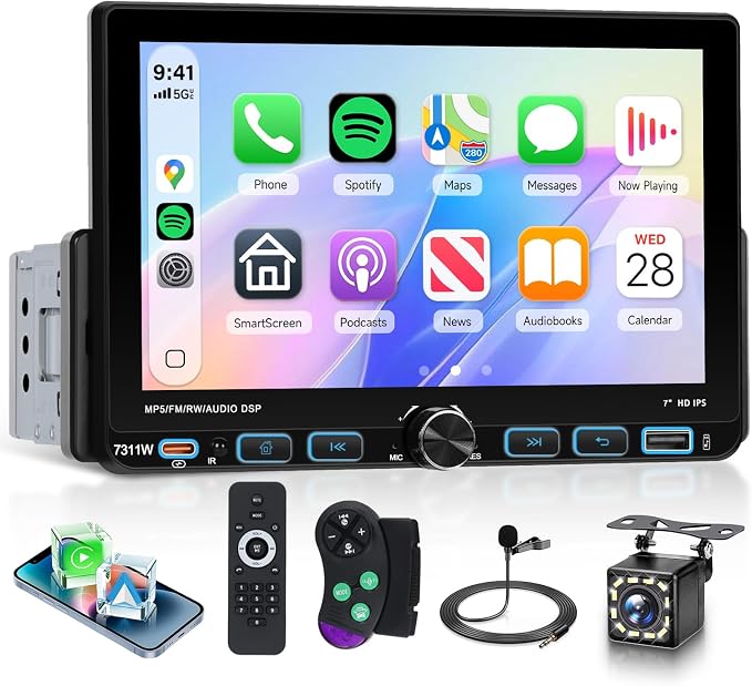 Single Din Car Stereo Carplay Android Auto, 1 Din Head Unit Bluetooth 5.2 Backup Camera, 7 inch IPS Touchscreen Radio, FM/AM/RDS Radio, EQ USB-Type-C, Mirror Link SWC, Car Stereo Receivers