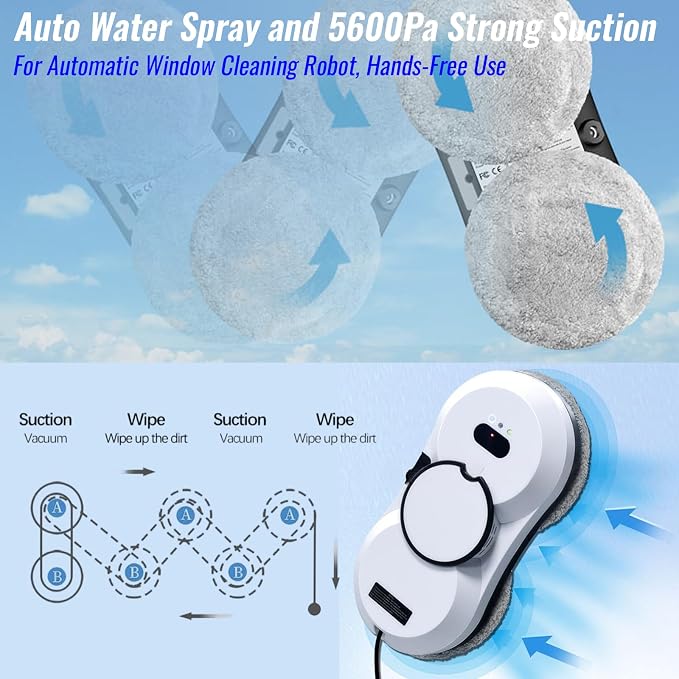 Iopsk Window Cleaning Robot, Automatic Window Cleaner with Water Spray, 5600Pa Suction, 3.0 Path Planning, Remote Control, for Indoor Outdoor Windows Glass Tiles Door