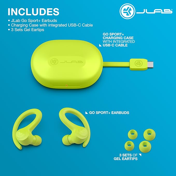 JLab, Go Sport+, True Wireless Workout Earbuds, Bluetooth Sport Earbuds, Clear Calling, Yellow