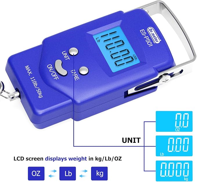Dr.meter Fish Scale Luggage Scale Fishing Gear - 110lb Backlit LCD Display Digital Scale with Built-in Measuring Tape - Fishing Scale with 2 AAA Batteries, Pocket Size - Fishing Gifts for Men