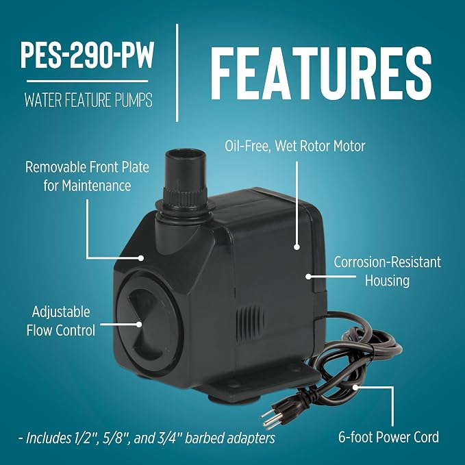Little Giant PES-290-PW 115-Volt, 300 GPH Magnetic Drive Fountain/Pond Pump with 6-Ft. Cord, Black, 566717