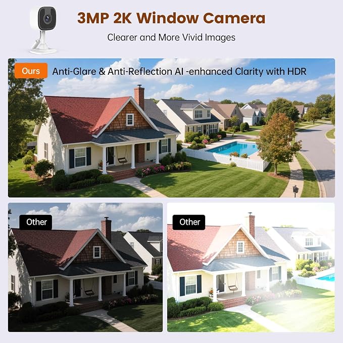 2 Pack 3MP 2K Window Camera，2.4Ghz & 5Ghz WiFi Wireless Indoor & Outdoor Cameras for Home Security with Enhanced Color Night Vision,Mounting Sticker,Person & Motion Detection
