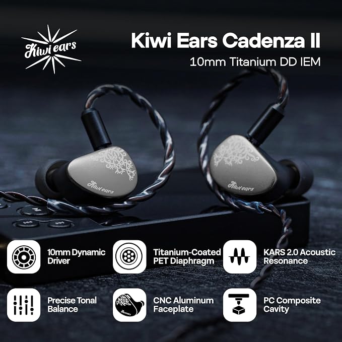 Linsoul Kiwi Ears Cadenza II 10mm Titanium Driver in Ear Monitor, HiFi Wired IEM Earphones with KARS 2.0, Precise Tonal Balance, CNC Aluminum Faceplate for Musicians Audiophiles Gaming (Grey)