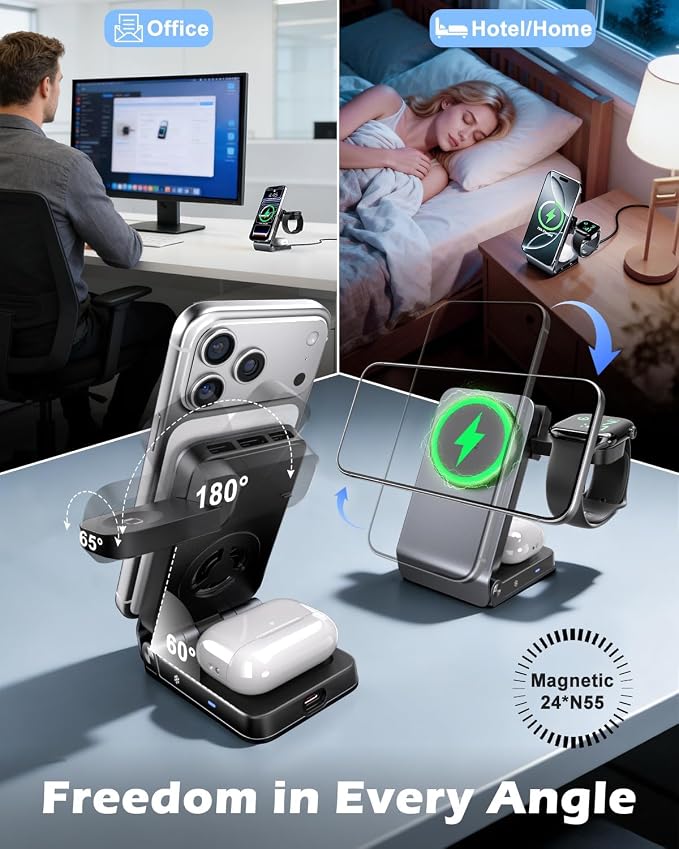 CloudValley 3-in-1 Magnetic Travel Wireless Charging Station, 25W Foldable Charging Stand with TEC Active Cooling Fan, Design for MagSafe iPhone 17/16, AirPods & Apple Watch（Adapter Included