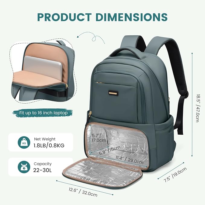 GOLF SUPAGS Lunch Backpack 16 Inch Laptop Backpack with Insulated Cooler Lunch Box Food Bag for College Work Camping Picnics (Atrovirens)