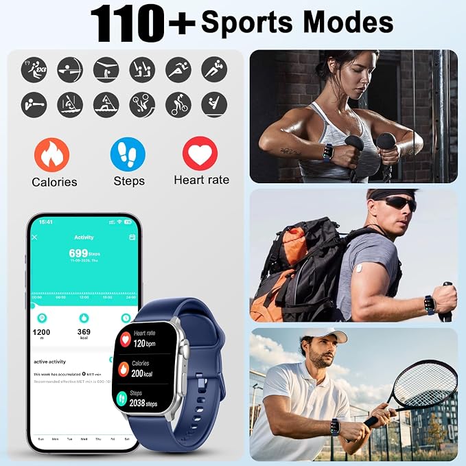 Smart Watch, 2.01" AMOLED Curved Touchscreen Fitness Watch, IP68 Waterproof, 24/7 Heart Rate/Sleep Monitor, Fitness Tracker with Pedometer, 120+ Sports Modes, Smartwatch for Android iOS Navy Blue