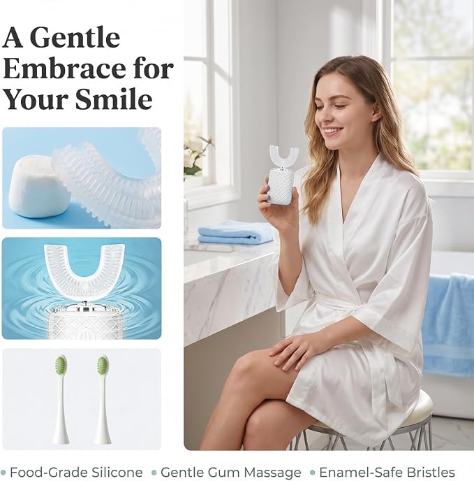 Sonic Electric U Shaped Toothbrush for Adults, Automatic Full Mouth Cleaning Toothbrush, 360° Stain Removal, IPX7 Waterproof Rechargeable, 3 U-Shape & 2 Straight Brush Heads (White)
