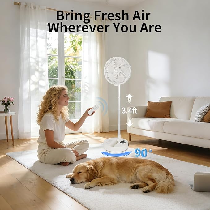 Portable Fan Rechargeable with Scent Function – Foldable & Extendable 3.4ft, 7200mAh Rechargeable Battery, 90° Oscillation & 4-Speed Adjustable, Desk & Floor Fan for Bedroom, Office, Travel, Quiet