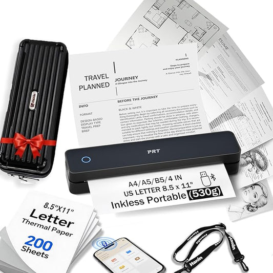 PRT MT610 Inkless Portable Printer Wireless Thermal Mobile Printers with Carry Case & 200 Sheets Paper, Supports 8.5"x11" US Letter & A4, Bluetooth Travel Printer for Laptop, iOS & Android, Black