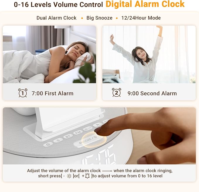 Alarm Clock with Wireless Charging Station, Clock for Bedroom with Night Light Bluetooth Speaker, Wireless Charger Dock Station for iPhone 17 16 15 14 13 12 Pro Max, Apple Watch 11, AirPods 3 (White)