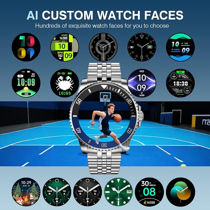 GPT Smart Watch for Men, 24/7 Heart Rate, Blood Pressure, Blood Oxygen, Sleep Monitor, 107 Sports Modes, 1.19-inch AMOLED Display, Waterproof Round Watch, Compatible Android and iOS, 44mm Silver Blue