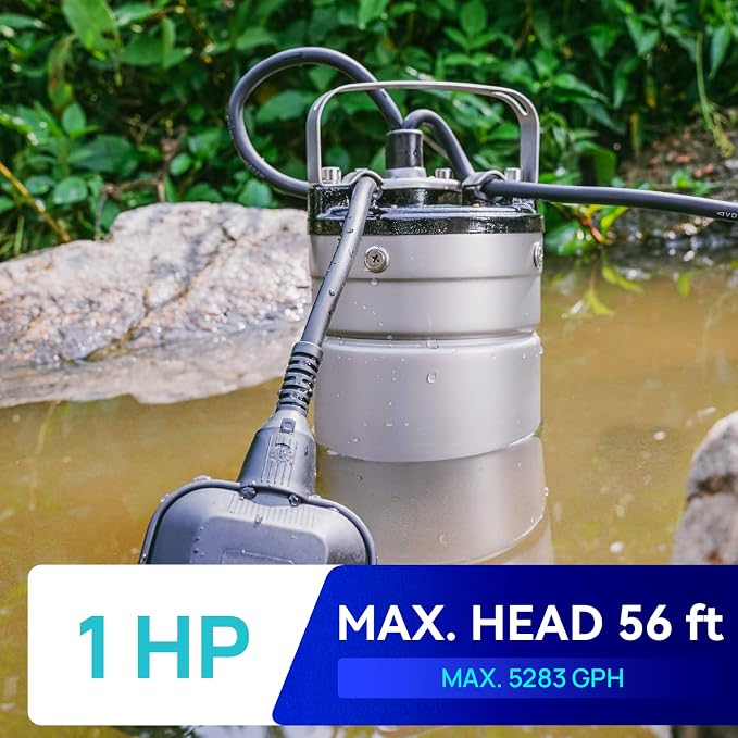Aquastrong 1HP Sewage Grinder Pump, Stainless Steel, 115V Automatic Float Switch, Cast Iron Impeller, Submersible Effluent/Sewage Pump for Sump Basin, Basement 2'' NPT Discharge, Silver